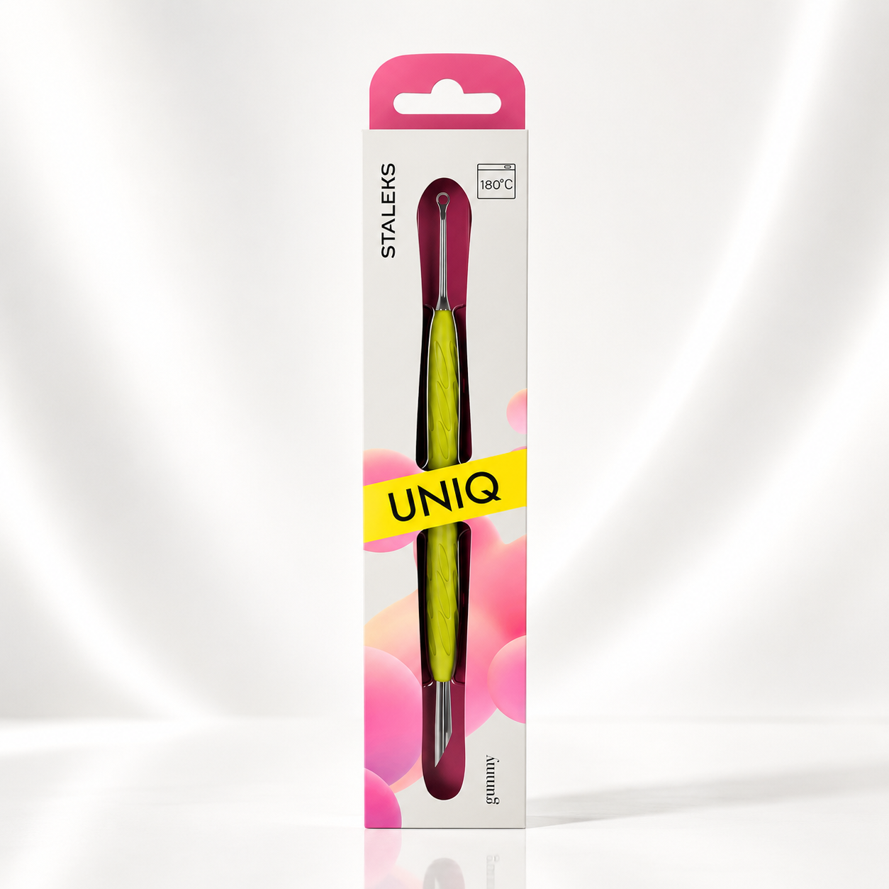 Manicure pusher Gummy with yellow silicone handle UNIQ 11 TYPE 2 (beveled and loop pusher)