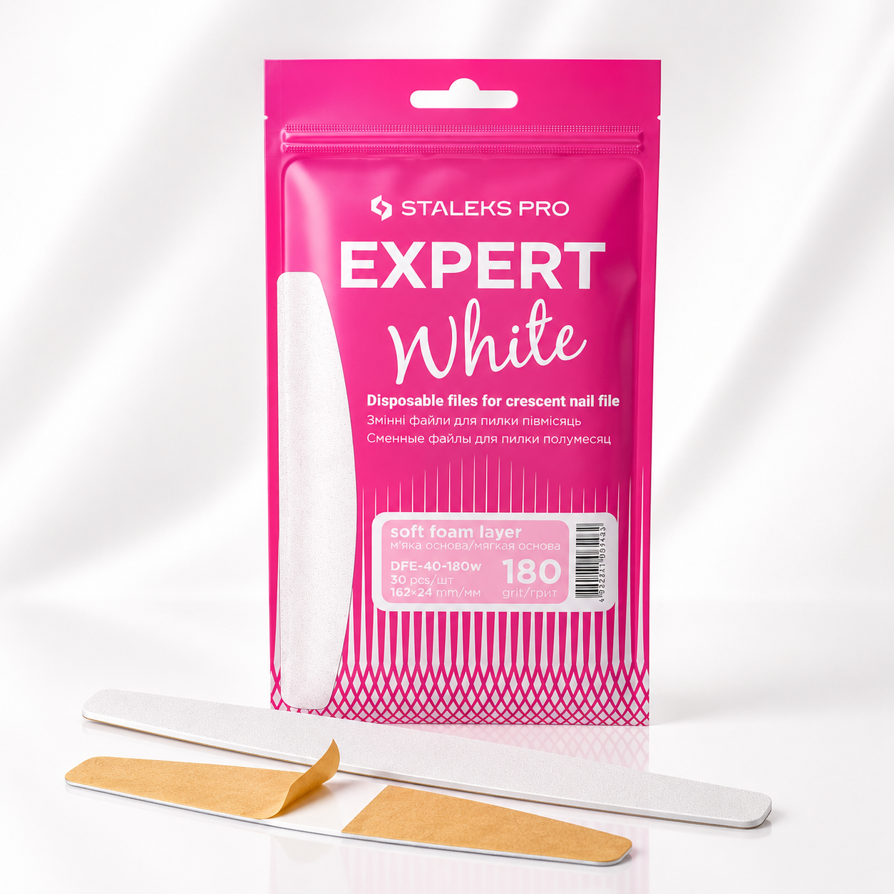 Disposable white files for crescent nail file on a soft foam layer EXPERT 40 180 grit (30 pcs)
