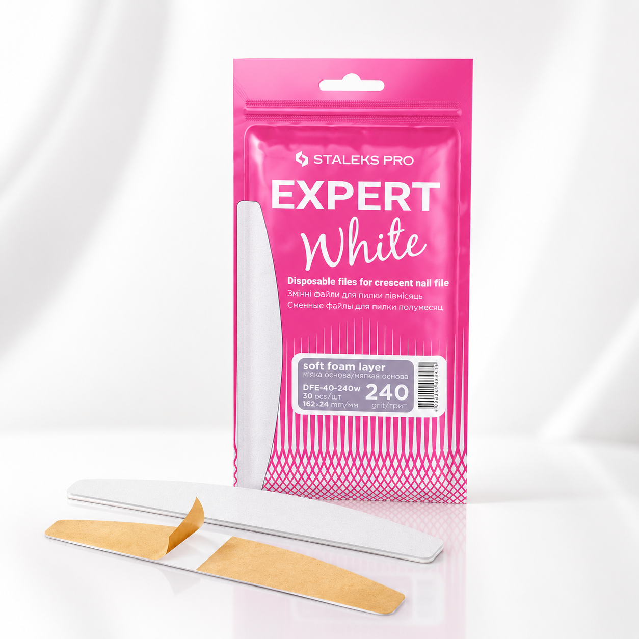 Disposable white files for crescent nail file on a soft foam layer EXPERT 40 240 grit (30 pcs)