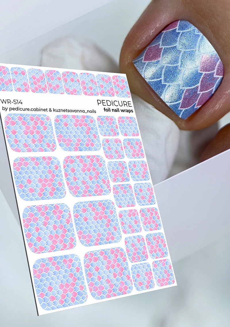 Pedicure Mermaid. Blue and Pink. Colored Foil. Nail wraps WR-514