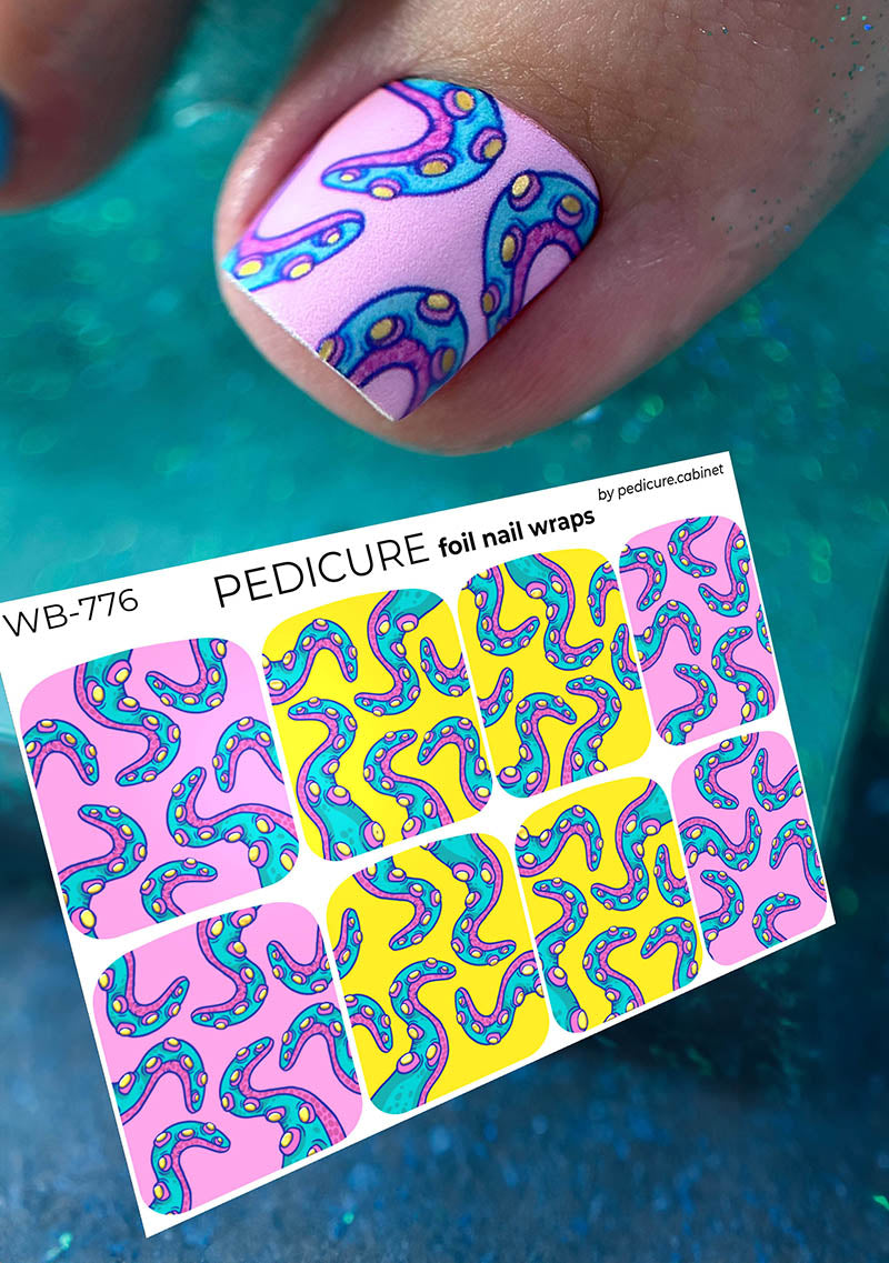 Pedicure Tentacles. Pink and yellow with gold foil. Large. Nail wrap WB-776
