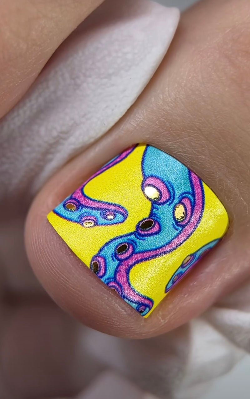 Pedicure Tentacles. Pink and yellow with gold foil. Large. Nail wrap WB-776