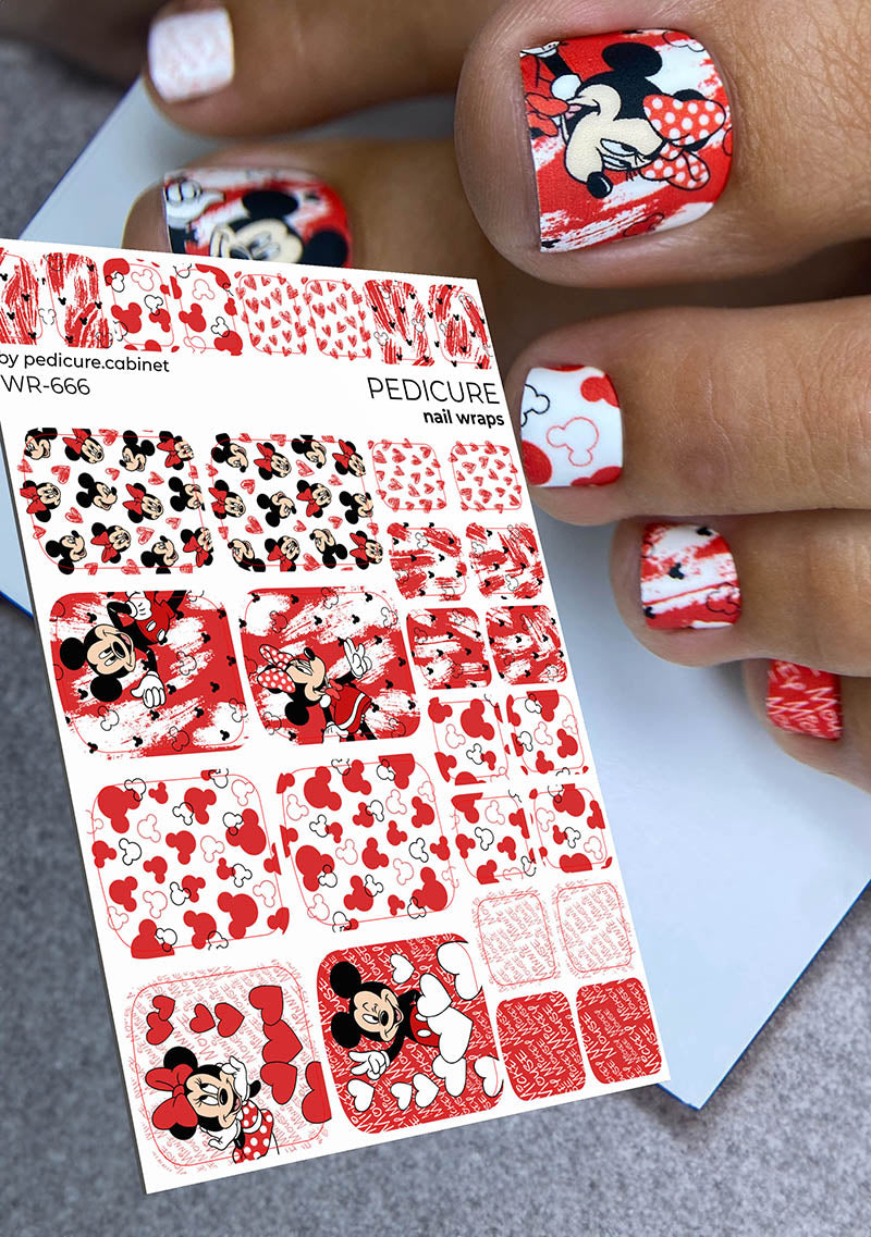 Pedicure nail wraps. Red. Minnie Mouse. WR-666