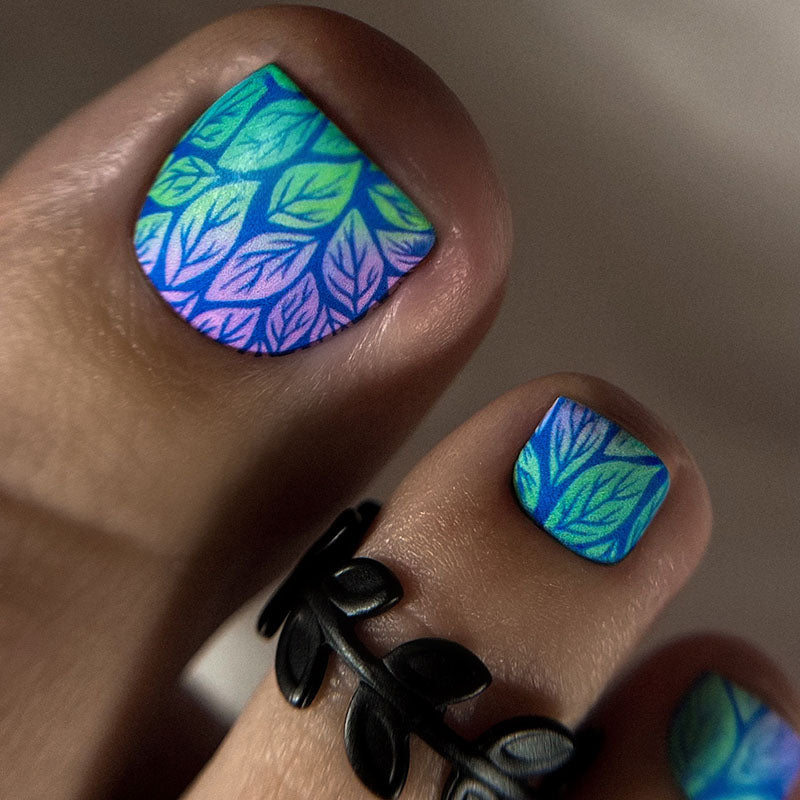 Pedicure Gradient Leaves. Blue Background. Nail wrap WR-702 - image 2