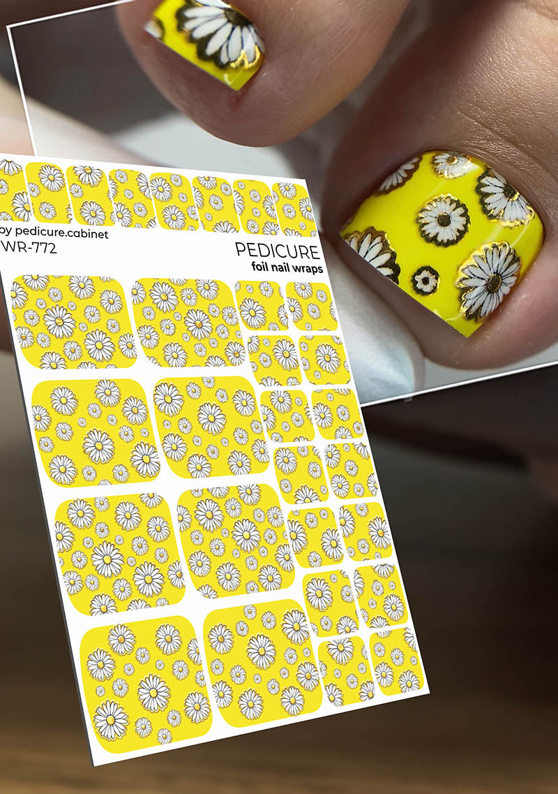 Pedicure Chamomile with outline. Foil gold. Nail wrap WR-772